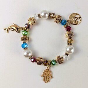 Gold Charm Bracelet w/ Crosses, Pearls, Hamsa Hand, Dolphin, Tree of Life